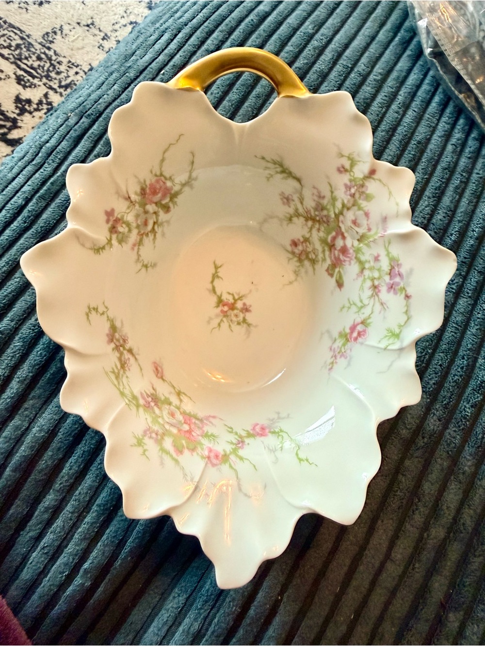 Vintage Limoges France White Porcelain Rosalinde Floral Bowl with Gold Handle